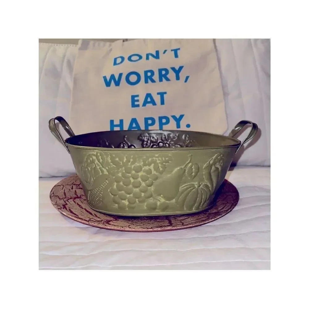 Metal Tin Bowl with Handles Green Fruit Harvest Dented Design